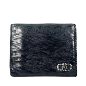 SALVATORE FERRAGAMO REVIVAL Leather Wallet Double GANCINI Logo Black From Japan - Picture 1 of 18