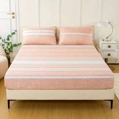 3 件套条纹贴合床单套装柔软透气贴合床单枕套 — 第 1/4 张图片