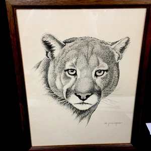 Cougar Mountain Lion Pen And Ink Pointillism Art Framed Signed G. Monroe - Picture 1 of 10