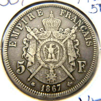 1867A France 5 Francs High Grade 25gram 90% Silver Coin KM# 799.1 - Image 1 of 4