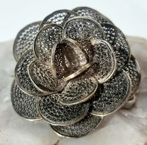 Vintage Sterling Silver Filigree Rose Brooch 1960s Handmade 4cm Diameter - Bild 1 von 4