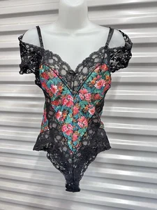 Vintage 90er bunt Blumen schwarz Spitze Dessous Teddy Body Fiori Collezione - Bild 1 von 6