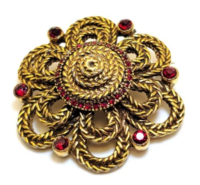 Vintage 50s Gestempelt DeNicola Messing Ton Metall Rot Strass Runde Form Brosche - Bild 1 von 4