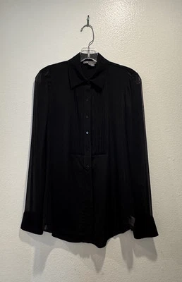 Vince Silk Black Tuxedo Sheer Panel Long Sleeve Blouse Womens Size 2 Classy Glam - Image 1 of 4