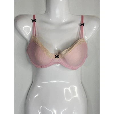 Betsy Johnson Padded Lace Trim Bow Tie Accent Pink Black Underwired Bra 34B NWT - Image 1 of 4