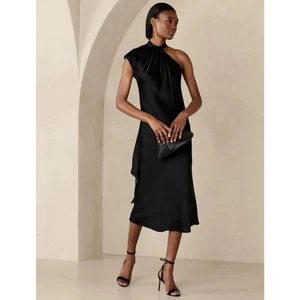 Vestido midi de seda Kaia BANANA REPUBLIC asimétrico cuello lazado negro talla pequeña - Imagen 1 de 14