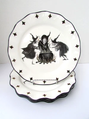 Potters Studio Three Witches Cauldron Coven Halloween Party Dinner Plates Set 4 - Image 1 of 4