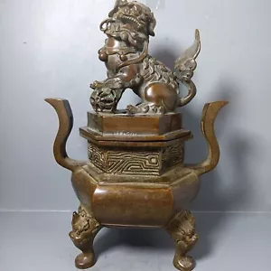 Marked Chinese Bronze Three-legged Double Ears Foo-Dog Lion Incense Burners - Picture 1 of 8