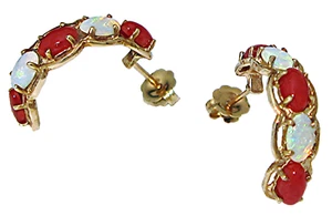 14k-y Gold rote Koralle und Opal Creolen durchbohrt Post Ohrringe - Bild 1 von 2