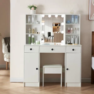 Makeup Table Large Vanity Table 10 LED Lighted Mirror w/ Drawers for Women Girls - Picture 1 of 11