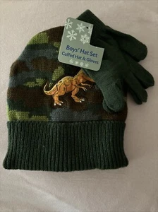 Boys Cuffed Hat & Glove Set Dinosaur & Camouflage - Picture 1 of 5