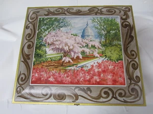 Vintage SUNSHINE BISCUITS TIN Capitol Bldg CHERRY BLOSSOMS Wash DC Reflecting Pool - Bild 1 von 12