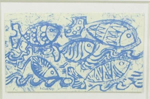 Brother CLETUS Behlmann FISHES Litho Block Print 5½" x 3½" Framed 13½" x 11½" - Picture 1 of 9