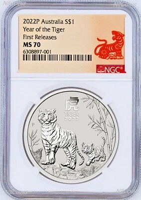 2022 Australia .9999 Bullion Silver Lunar Year of the Tiger NGC MS70 1oz $1 Coin - Image 1 of 2