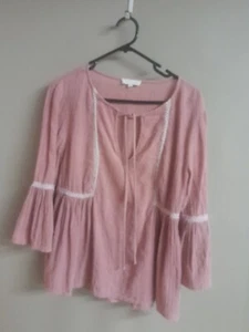 Little Lies Cheesecloth Flare Sleeve Y2K Embroidered Boho Blouse Sz 8 Blush Pink - Picture 1 of 8