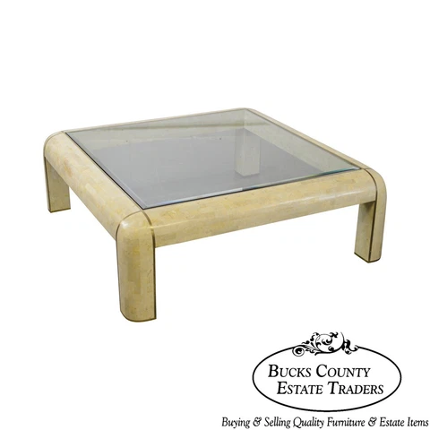 Maitland Smith Large Square Tessellated Stone Brass Glass Top Coffee Table Cover