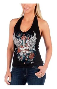 Liberty Wear Women's Heart on Fire Dagger Embellished Backless Halter Top -Black - Picture 1 of 2
