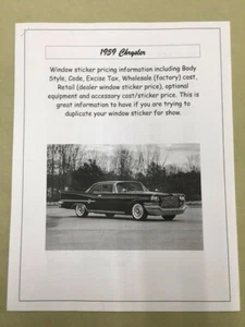 1959 Chrysler dealer cost/retail sticker pricing of the cars/options & codes - Picture 1 of 1