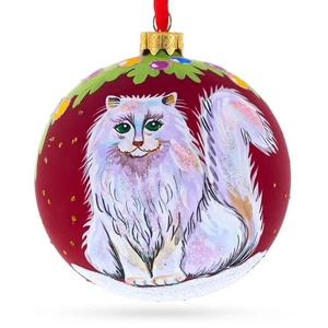 Fluffy White Persian Cat Glass Ball Ornament 3.25 Inches - Picture 1 of 4