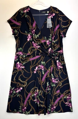 NWT Ralph Lauren Surplice Jersey Dress Floral Equestrian Belting Womens Plus 20W - Image 1 of 4