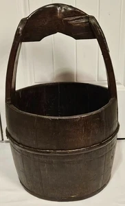 Vtg Chinese Primitive Wooden Stave Well Water Bucket Iron Accents 22" x 13" - Picture 1 of 13
