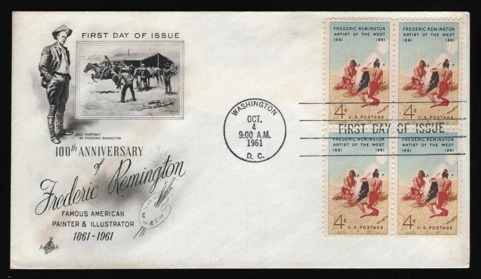 #1187 4c Frederic Remington-Block of 4, Art Craft H/C FDC *ANY 5=FREE SHIPPING** - Image 1 of 1