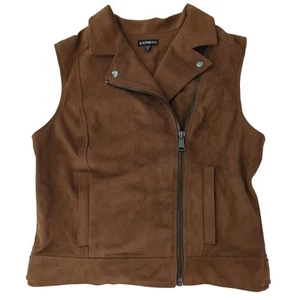 Express Vegan Suede Tan Fitted Moto Full Zip Vest Women's Size M - Picture 1 of 7