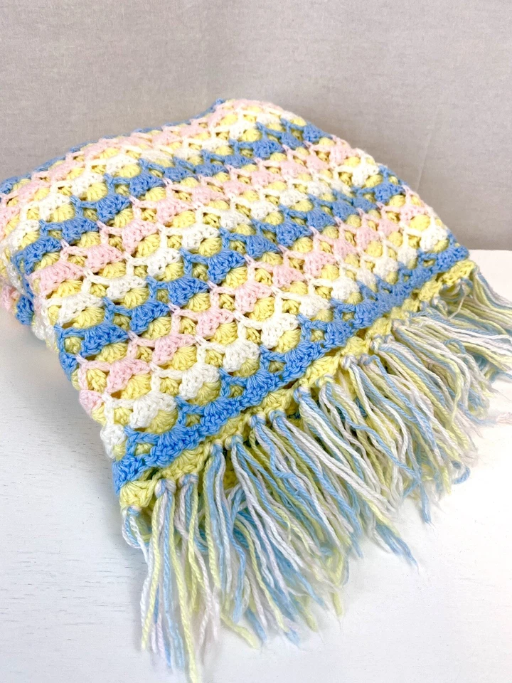 Manta bebé tejida a mano con flecos talla 38x30" ¡¡Súper suave!! Amarillo Azul Rosa Blanco Foto 1 de 1
