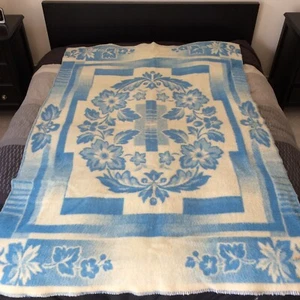 Vintage Wool Blanket Floral Reversible Blue 53" x 78" Granny Cottage - Picture 1 of 14