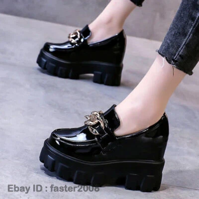 Women Punk Loafers High Heels Platform Casual Faux Leather Wedge Slip On Shoes - Image 1 of 4