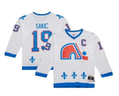 Camiseta deportiva de hockey Mitchell & Ness Quebec Nordiques #19 línea azul nueva para hombre MD $200 Foto 1 de 3