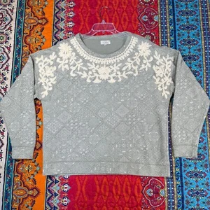 Lucky Brand Gray BOHO Long Sleeve Pullover Knit Sweater Floral Lace Embroidery L - Picture 1 of 13
