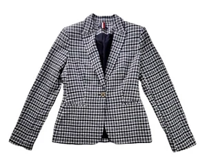 TOMMY HILFIGER Blazer Womens Lined Preppy Blue Check Long Sleeve Jacket Size 0 - Picture 1 of 11