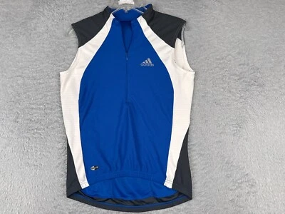 Camiseta deportiva de ciclismo Adidas para hombre pequeña azul blanca 1/2 cremallera sin mangas 3 rayas Foto 1 de 4