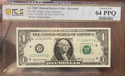 1969 $1 Dollar Bill RADAR Serial Number 64PPQ PCGS Cleveland *17299271* - Image 1 of 2