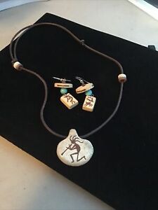 Hand Crafted Painted Clay Bead Earrings & Necklace Kokopeli Lizard & Deer