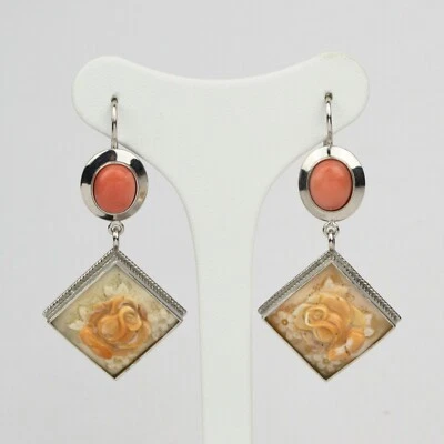 ORECCHINI IN ARGENTO 925 CON CORALLO ROSA E CAMMEI CORNEOLA FIORI AGHT 0759 - Immagine 1 di 3