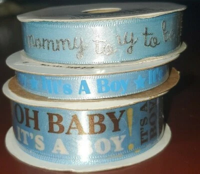 New Offray Mixed Lot Of 3 Blue Boy Baby Shower Ribbon Expecting, 9 Ft, 12 Ft - Image 1 of 4