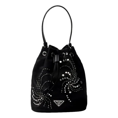 Prada Re-Nylon Mini Drawstring Bucket Bag Black Beaded Embroidered NEW - Image 1 of 4