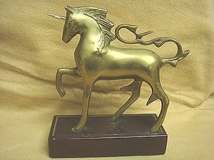 Old & Ornate BRASS UNICORN on Wood w/Inlaid Brass Base - Picture 1 of 9
