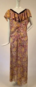 GLAM VINTAGE 1930’S RICH FLORAL PRINT SILK GAUZE DRESS W RUFFLE + VELVET - Picture 1 of 8