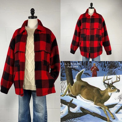 Vintage 60s L.L. Bean Buffalo Plaid Wool Mackinaw Hunting Jacket Game Pouch XXL - Image 1 of 4