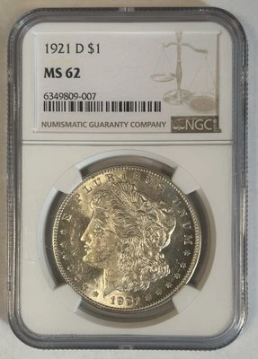 1921-D Morgan Silver $1 Dollar Coin NGC MS 62  - Image 1 of 2