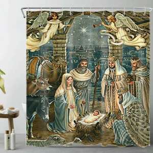 Birth of Jesus Shower Curtain Set Cute Angel Christ Family for Bathroom Decor - Picture 1 of 9
