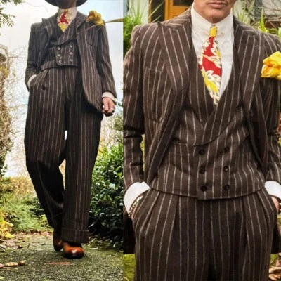 Trajes de negocios a rayas para hombre mezcla de lana tweed doble pecho ajuste regular novio Foto 1 de 4