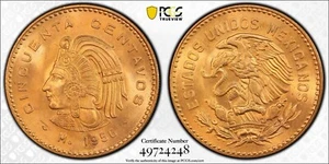 1956 MEXICO 50 CENTAVOS CHIEF CUAUHTEMOC NGC MS 66 RD RARE GEM RICH RED COLOR - Picture 1 of 5