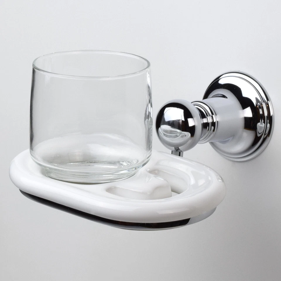 Franz Viegener Ceramic Toothbrush & Tumbler Holder, Wall-Mount, Polished Chrome - Image 1 of 1