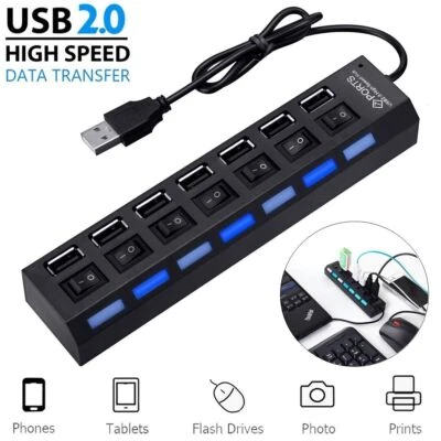 7 Port USB 2.0 Hub Splitter Adapter High Speed For PC Laptop Desktop BLACK & WHT - Image 1 of 4