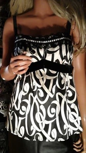 NANETTE LEPORE NEW SZ SMALL BLACK & IVORY SILK LACE SLEEVELESS TOP PARTY BLOUSE - Picture 1 of 6