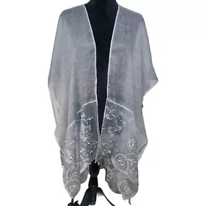 Unbranded Sheer Kimono Like Top W EMBROIDERED Hem And Faux Pearl Accents Grey - Picture 1 of 8